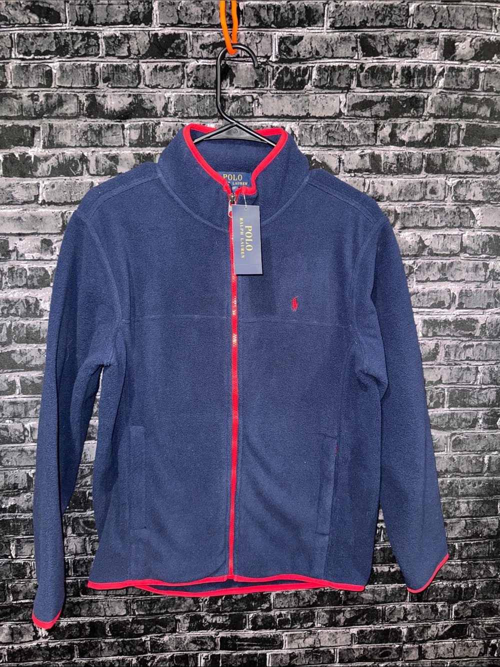 Ralph Lauren Navy Fleece Jacket with Red Trim and Pony Boys 14-16 NWT
